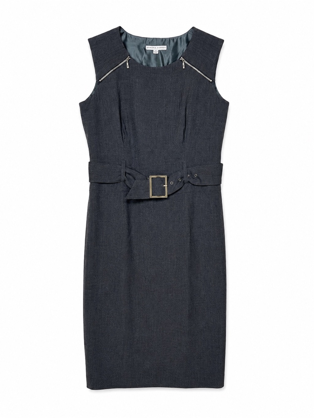 Sandra Darren Gray Belted Sheath Dress Size 8 Zip Detail Sleeveless Career
